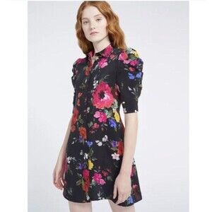 Alice & Olivia Floral Shirt Dress Women M Mini Black Puff Sleeve Cupro Cottage